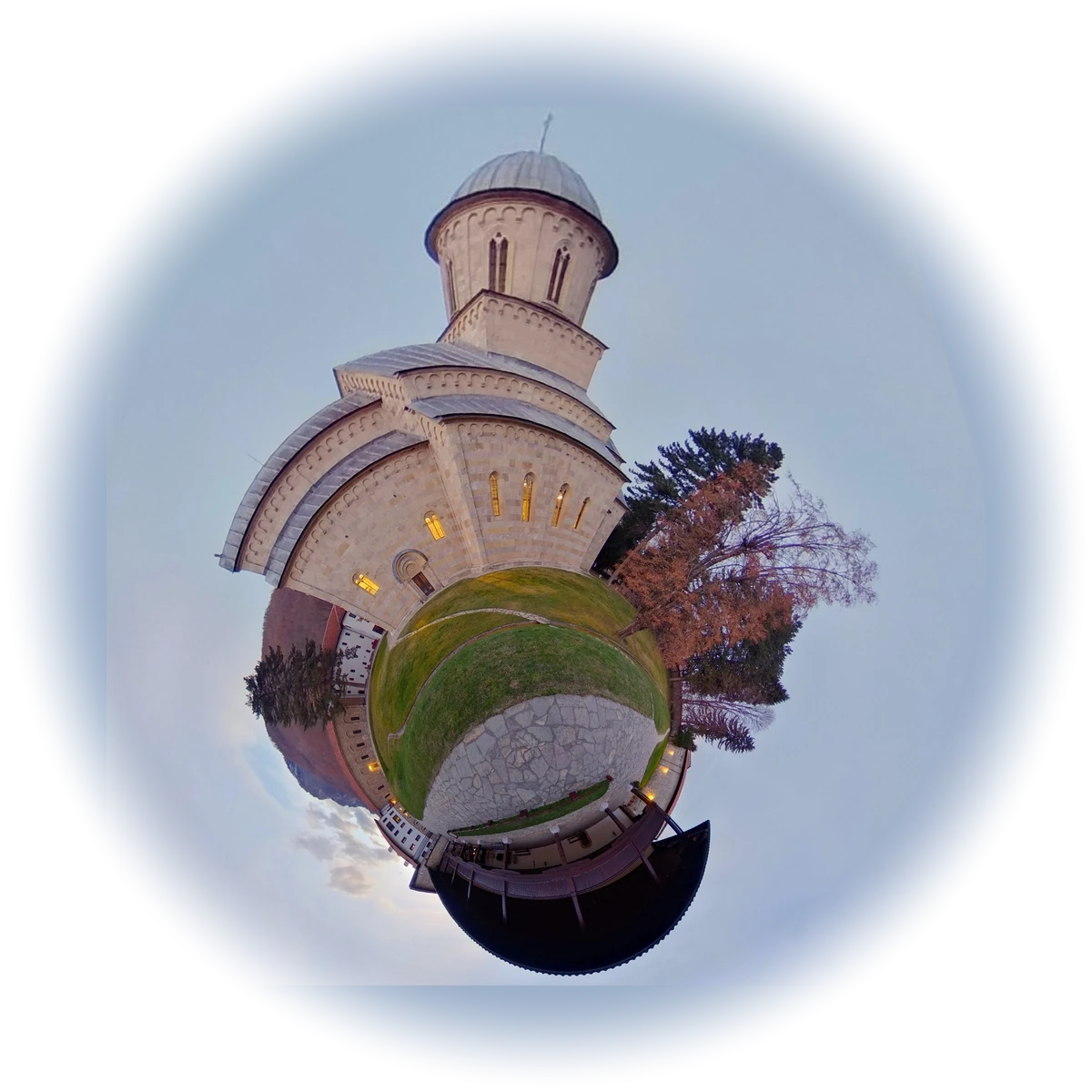 Little planet projection of Visoki Dečani monastery, shot on location